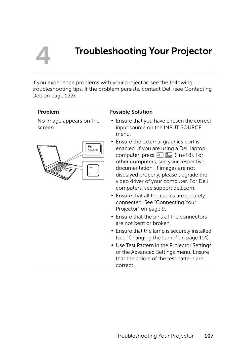 Troubleshooting your projector | Dell S520 Projector User Manual | Page 107 / 130