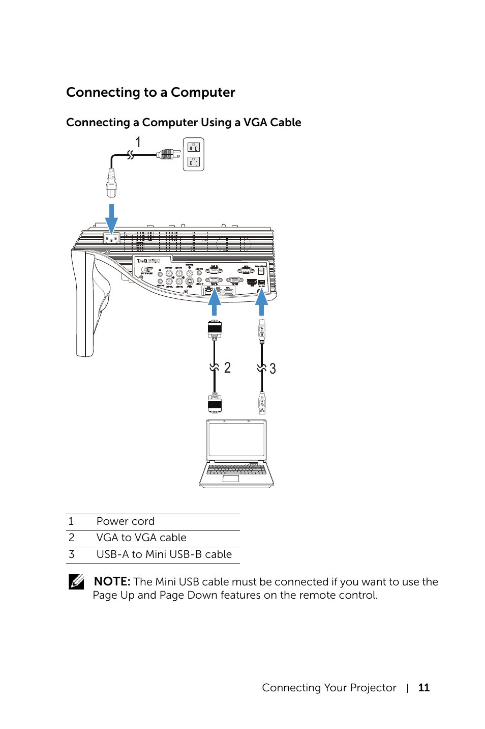 Connecting to a computer, Connecting a computer using a vga cable | Dell S520 Projector User Manual | Page 11 / 130