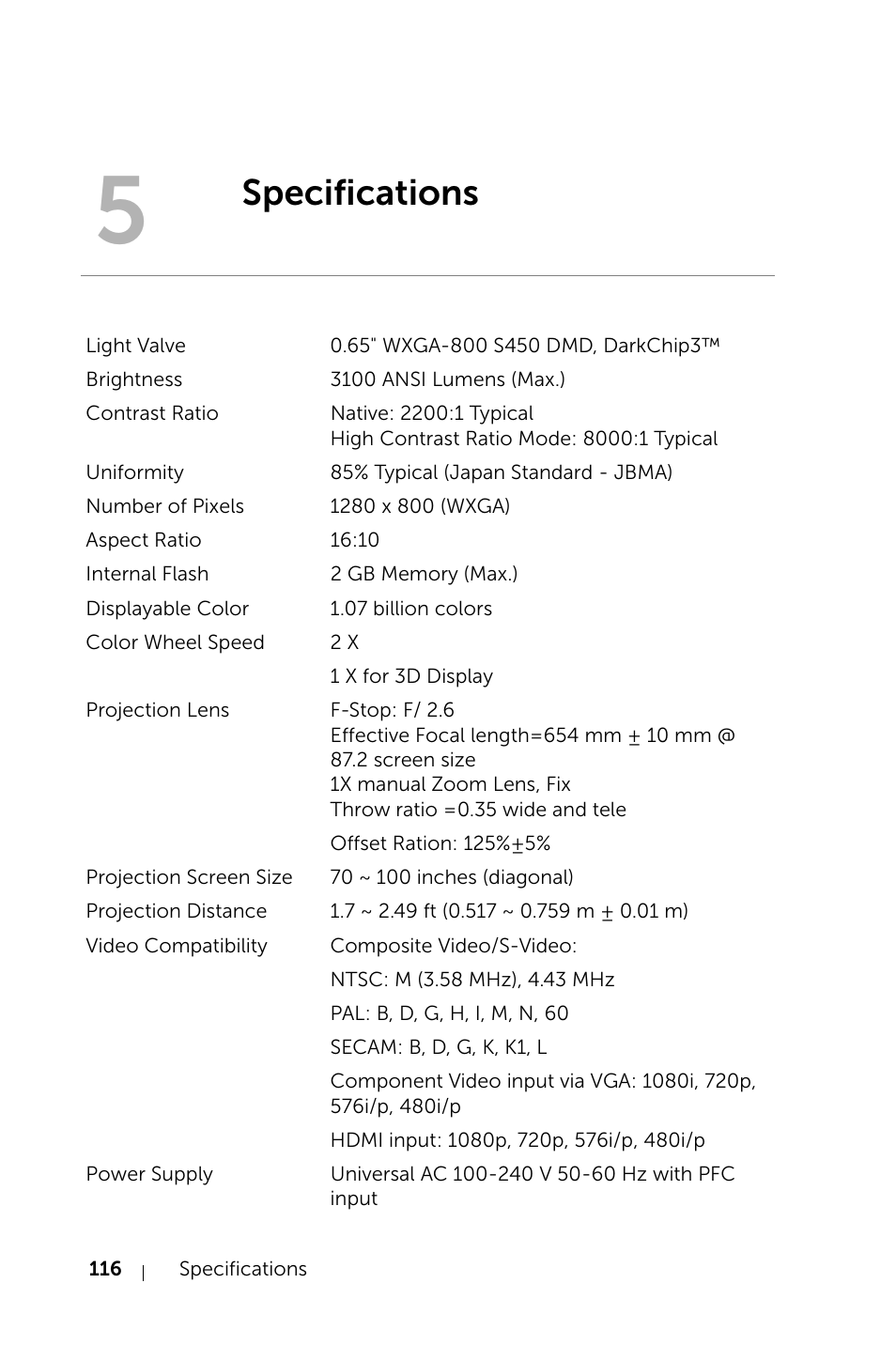 Specifications | Dell S520 Projector User Manual | Page 116 / 130