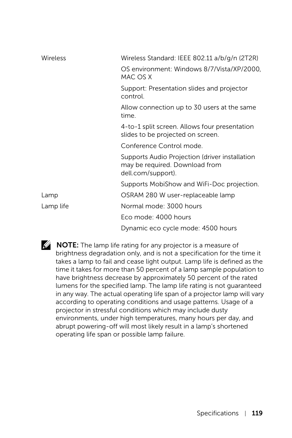 Dell S520 Projector User Manual | Page 119 / 130