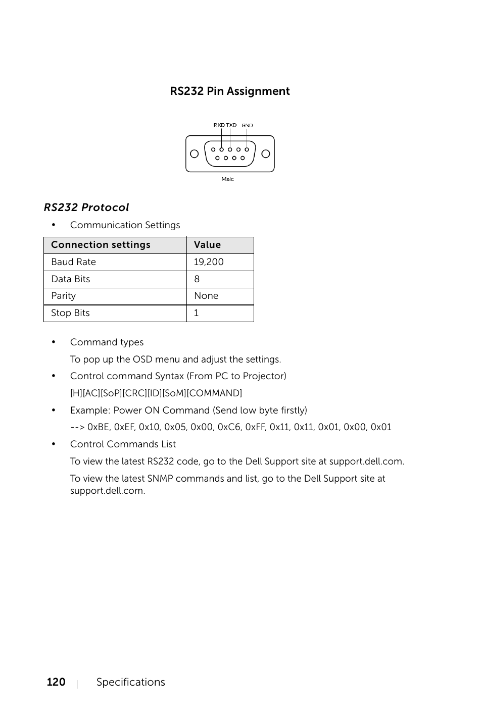 Rs232 pin assignment, Rs232 protocol | Dell S520 Projector User Manual | Page 120 / 130