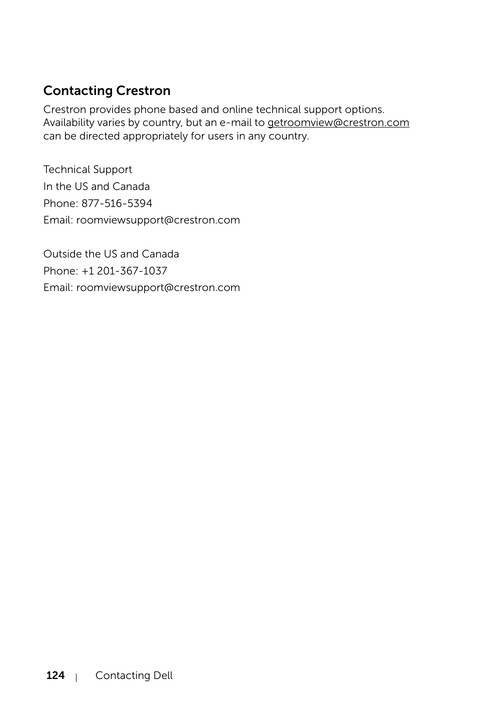 Contacting crestron | Dell S520 Projector User Manual | Page 124 / 130