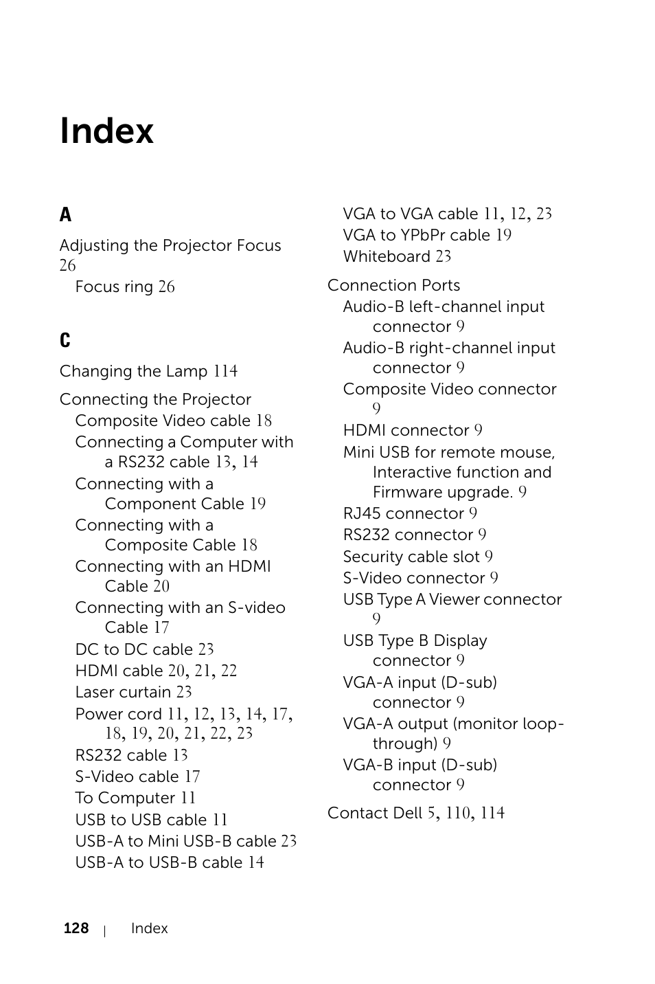 Index | Dell S520 Projector User Manual | Page 128 / 130