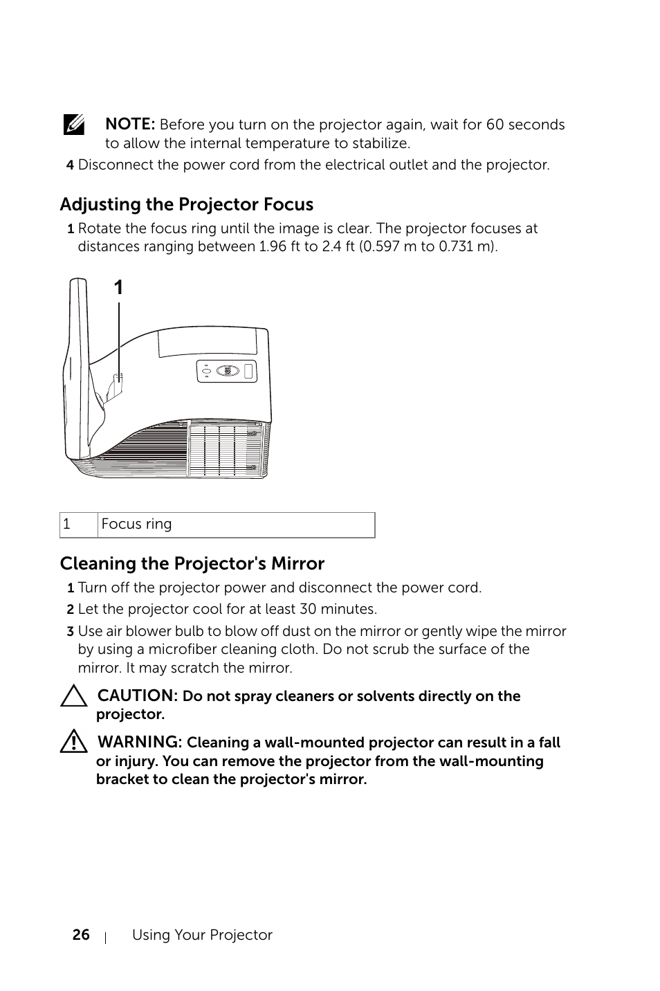 Adjusting the projector focus, Cleaning the projector's mirror | Dell S520 Projector User Manual | Page 26 / 130