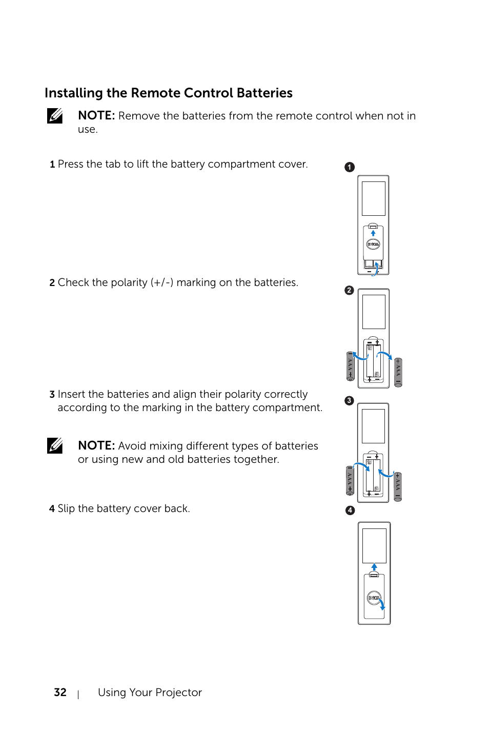 Installing the remote control batteries | Dell S520 Projector User Manual | Page 32 / 130
