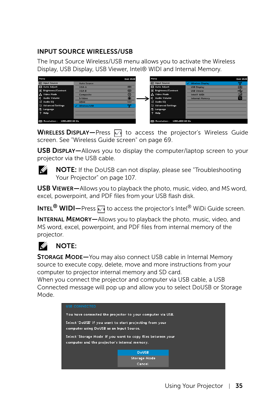 Input source wireless/usb | Dell S520 Projector User Manual | Page 35 / 130