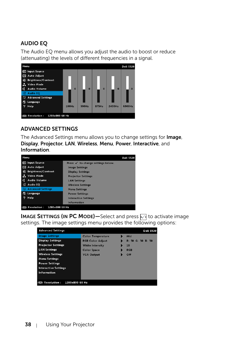 Audio eq, Advanced settings | Dell S520 Projector User Manual | Page 38 / 130