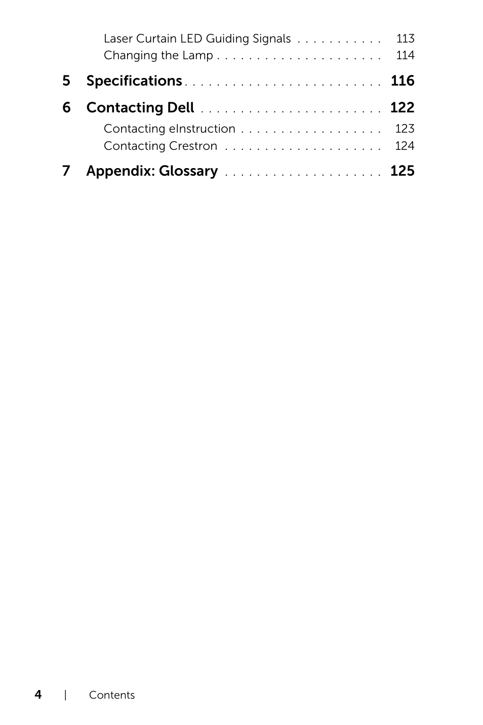 5specifications, 116 6 contacting dell, 7appendix: glossary | Dell S520 Projector User Manual | Page 4 / 130