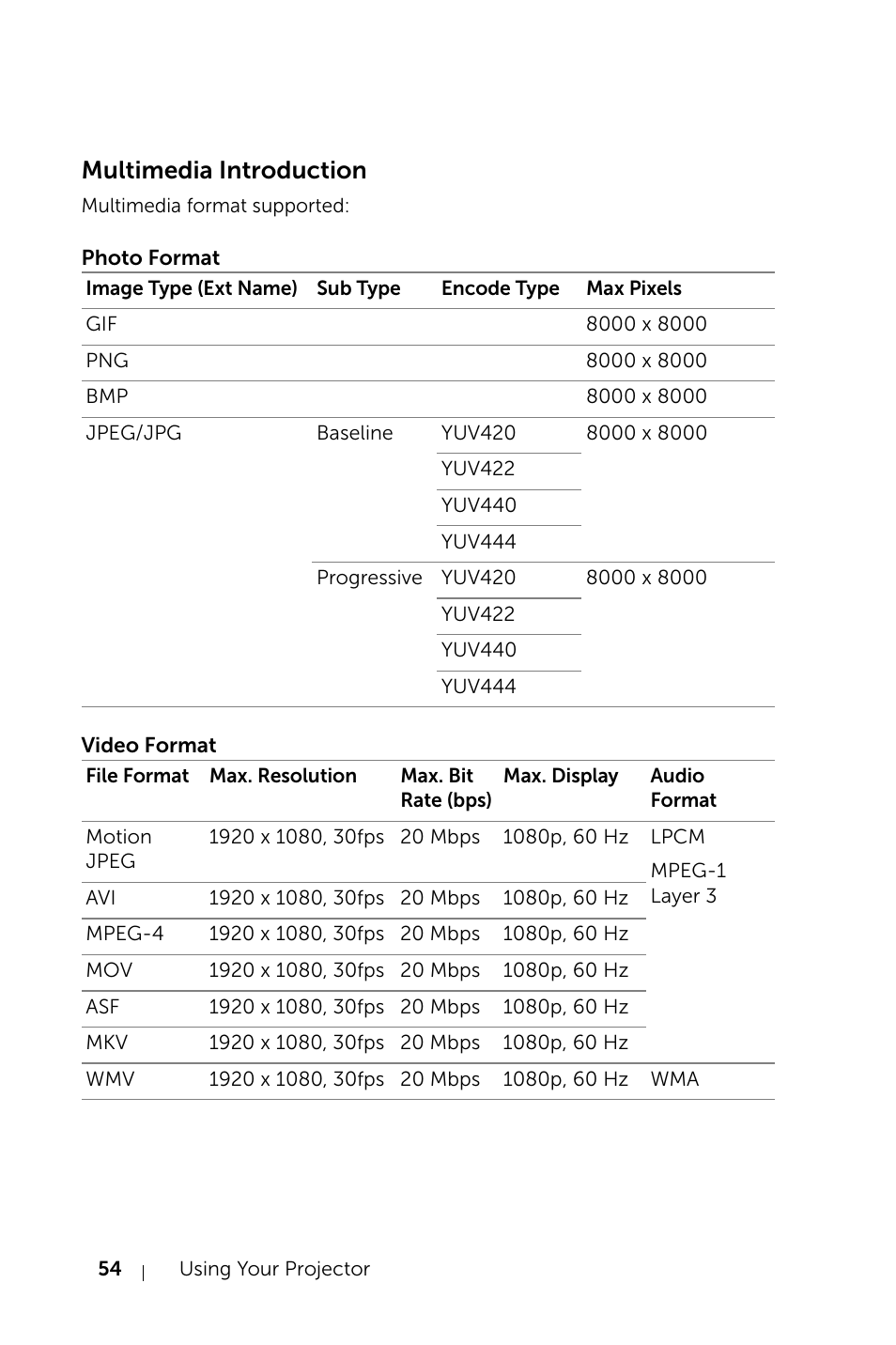 Multimedia introduction, Photo format, Video format | Dell S520 Projector User Manual | Page 54 / 130