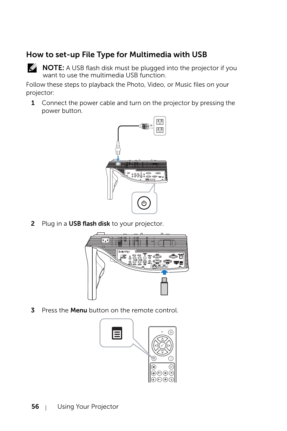 How to set-up file type for multimedia with usb | Dell S520 Projector User Manual | Page 56 / 130