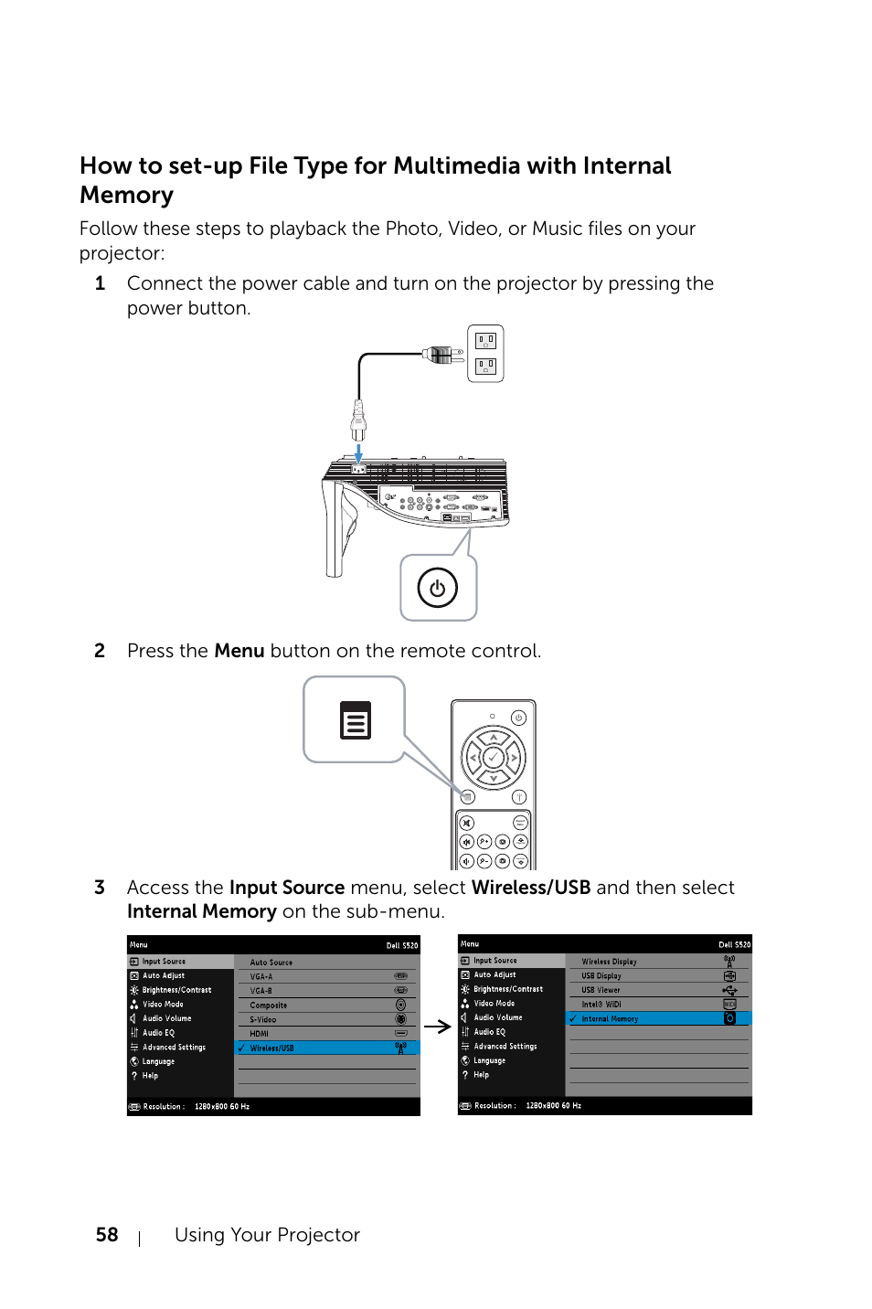 58 using your projector | Dell S520 Projector User Manual | Page 58 / 130