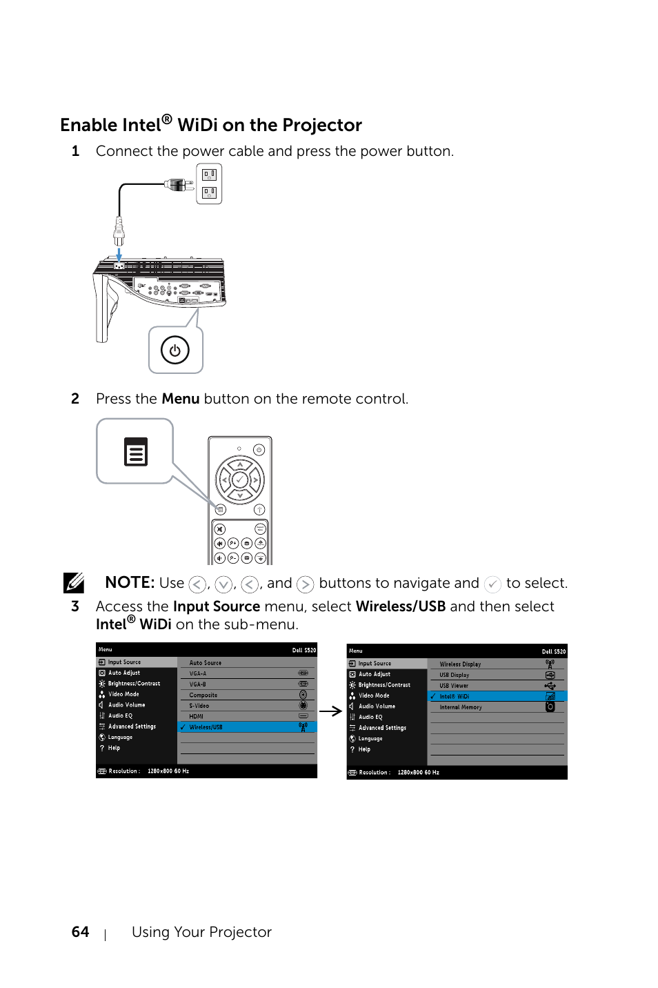 Enable intel® widi on the projector, Enable intel, Widi on the projector | Dell S520 Projector User Manual | Page 64 / 130