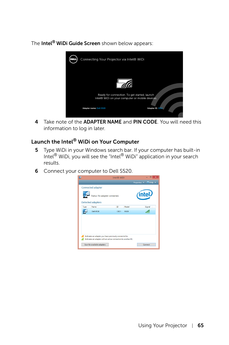 Launch the intel® widi on your computer | Dell S520 Projector User Manual | Page 65 / 130