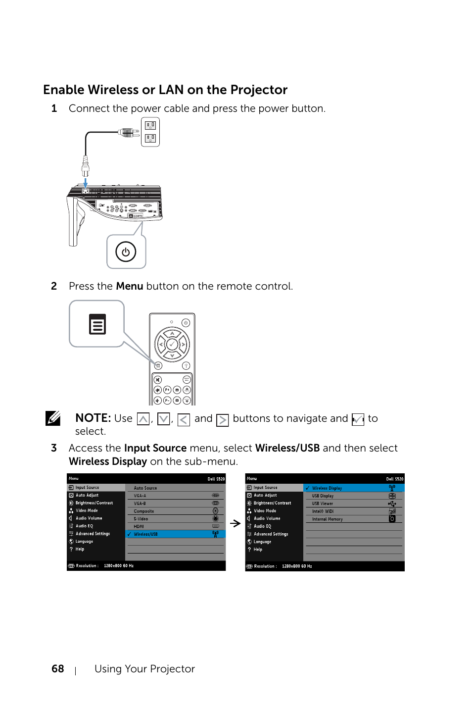 Enable wireless or lan on the projector | Dell S520 Projector User Manual | Page 68 / 130