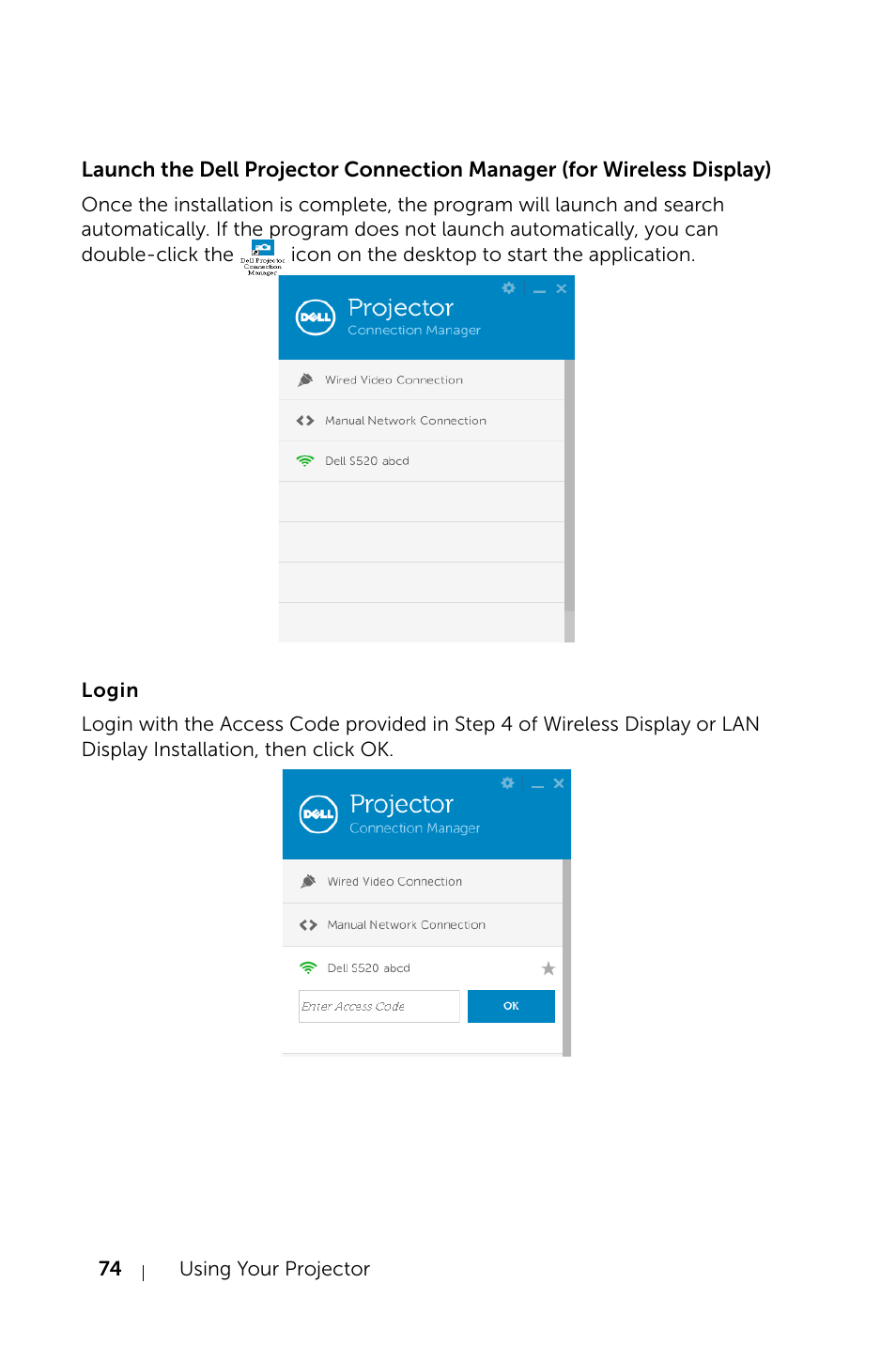 Login | Dell S520 Projector User Manual | Page 74 / 130