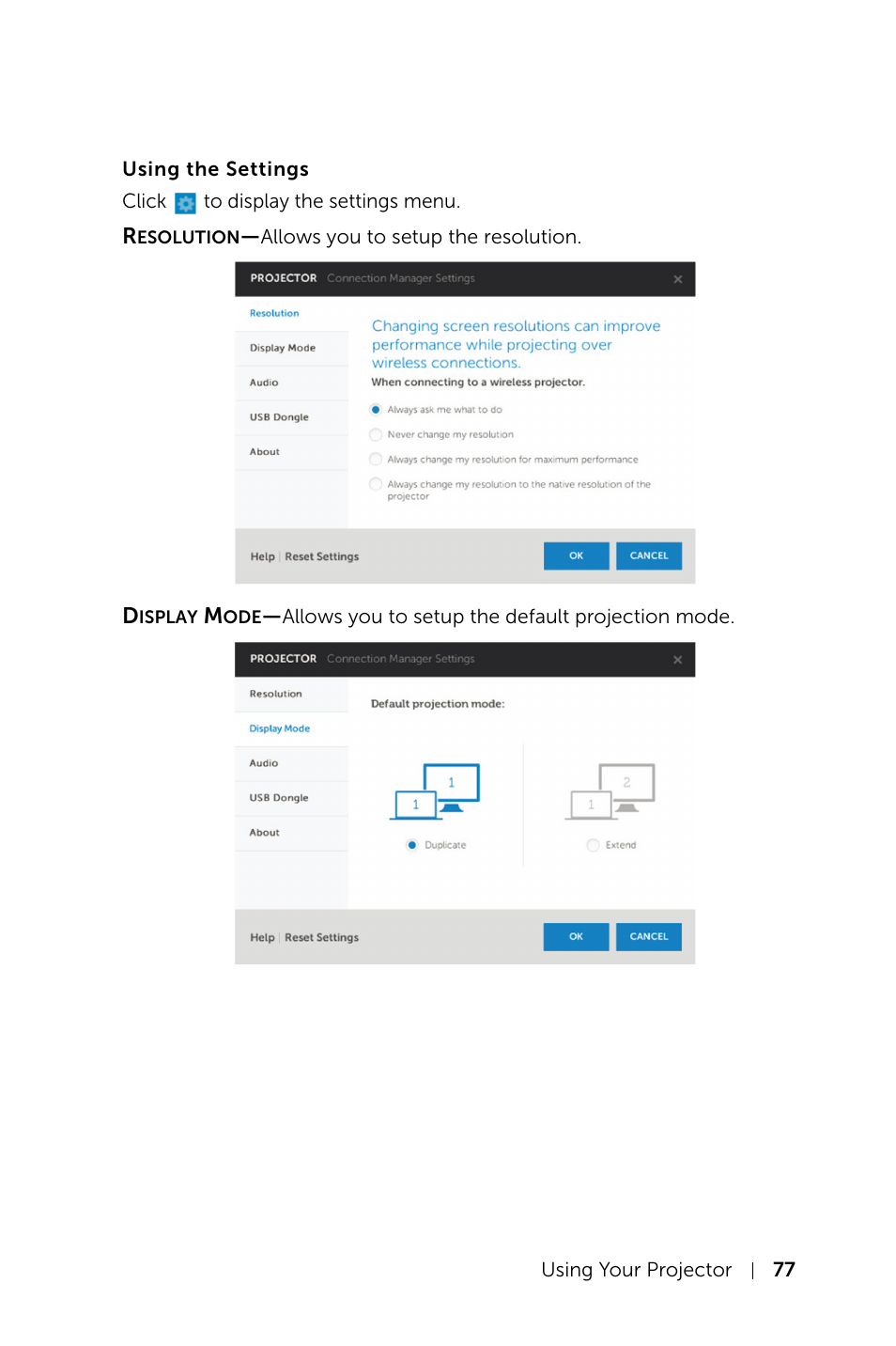 Using the settings | Dell S520 Projector User Manual | Page 77 / 130