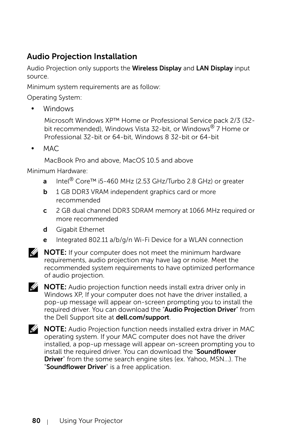 Audio projection installation | Dell S520 Projector User Manual | Page 80 / 130