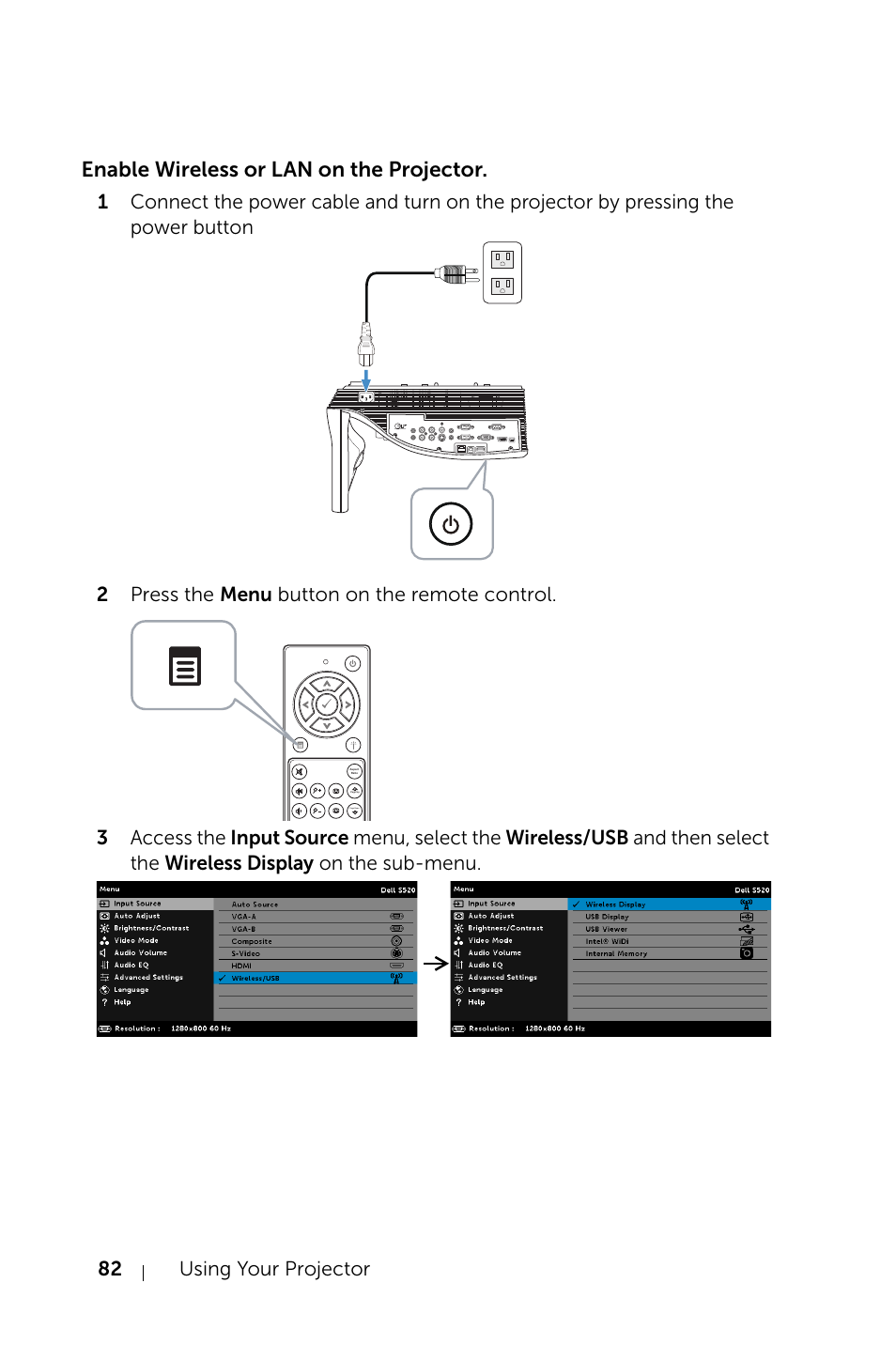 Enable wireless or lan on the projector, 82 using your projector | Dell S520 Projector User Manual | Page 82 / 130