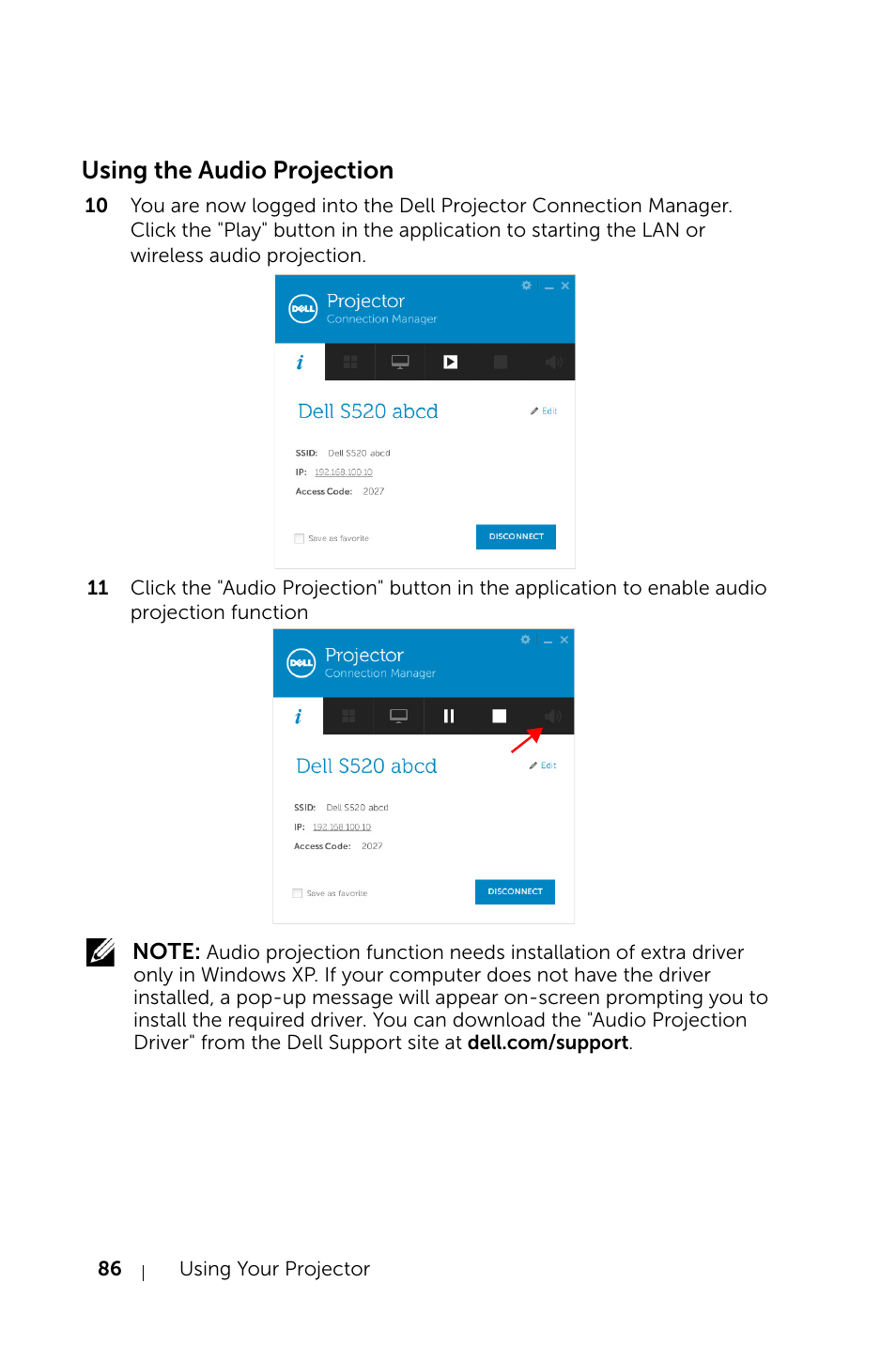 Using the audio projection | Dell S520 Projector User Manual | Page 86 / 130