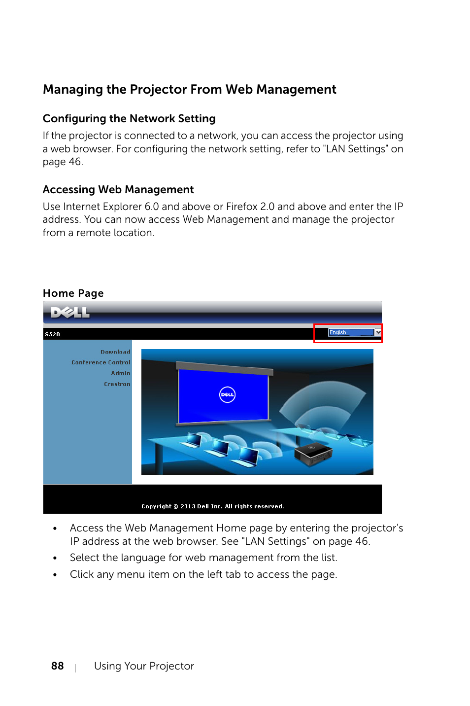 Managing the projector from web management, Configuring the network setting, Accessing web management | Dell S520 Projector User Manual | Page 88 / 130