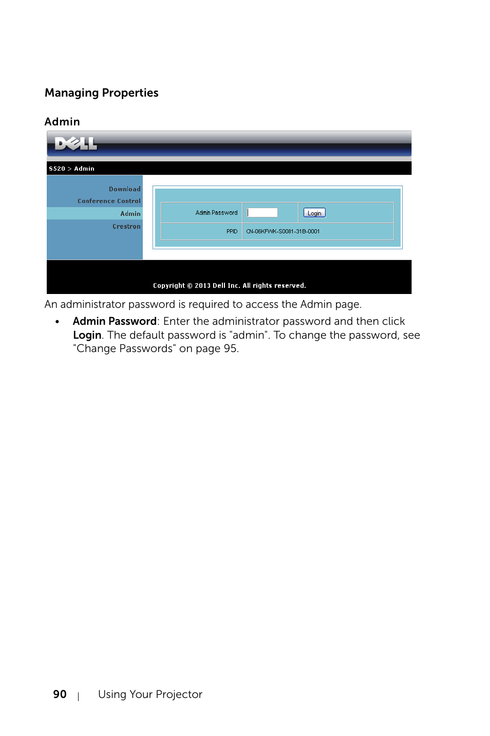 Managing properties, Admin | Dell S520 Projector User Manual | Page 90 / 130