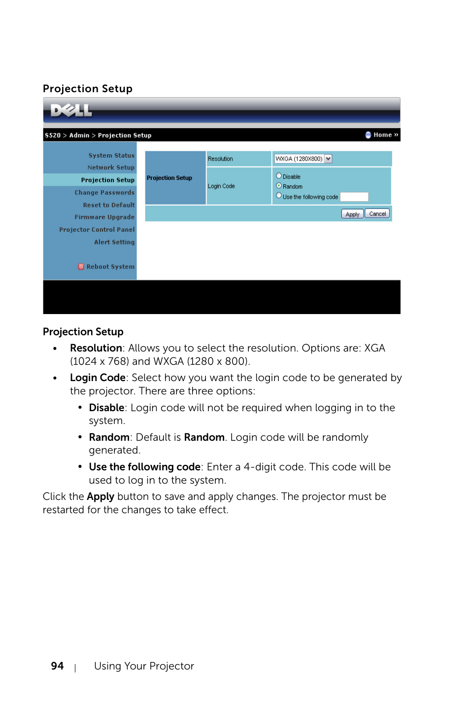 Projection setup | Dell S520 Projector User Manual | Page 94 / 130