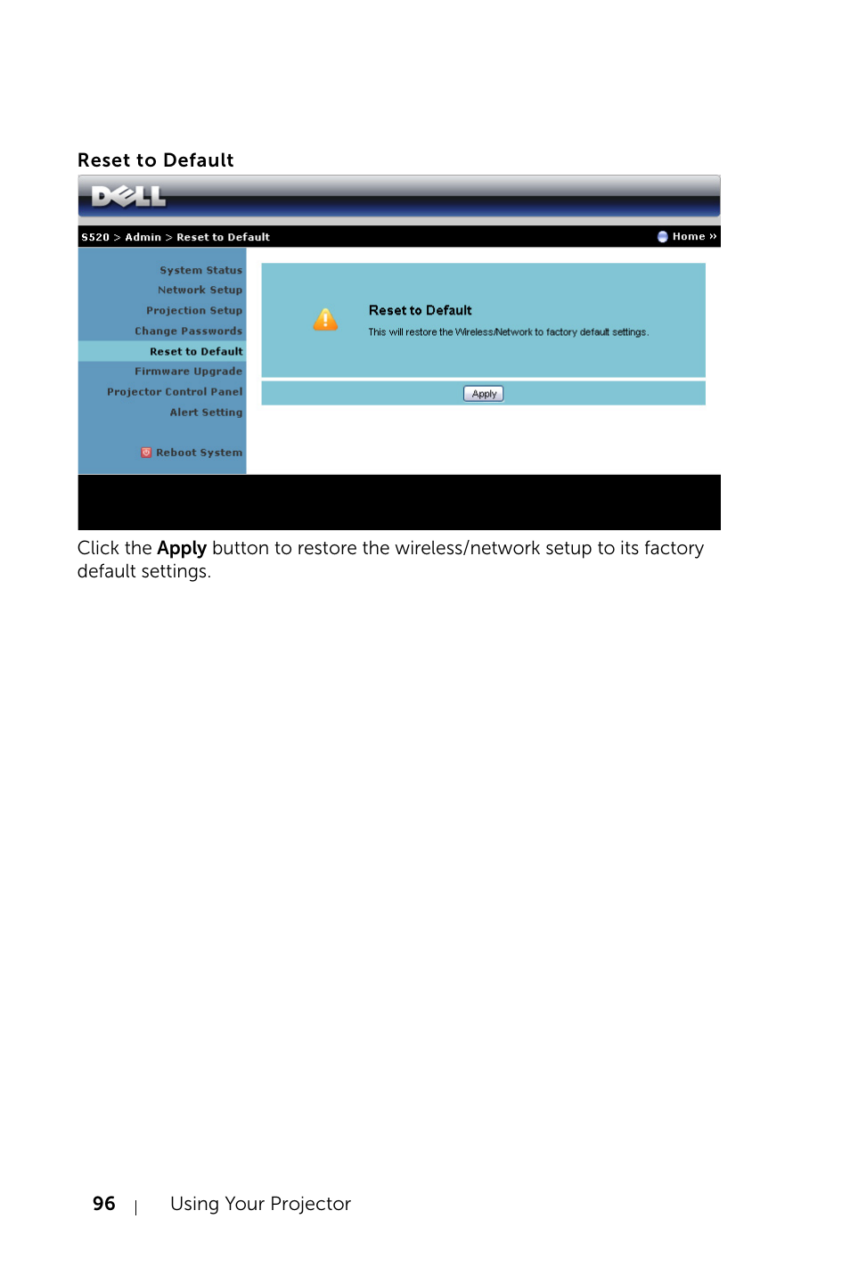 Reset to default | Dell S520 Projector User Manual | Page 96 / 130