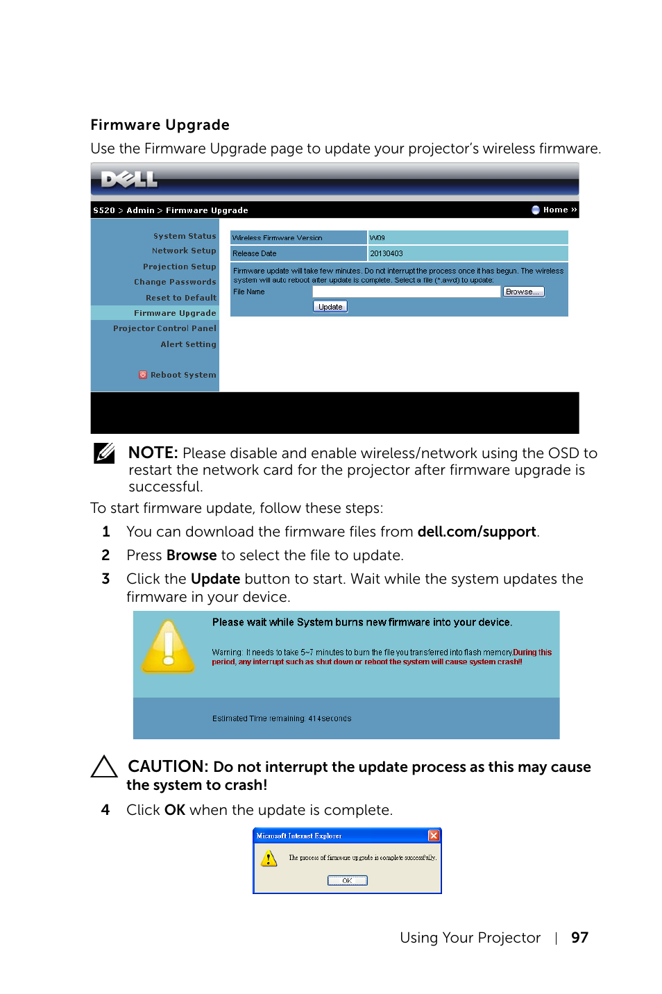 Firmware upgrade | Dell S520 Projector User Manual | Page 97 / 130