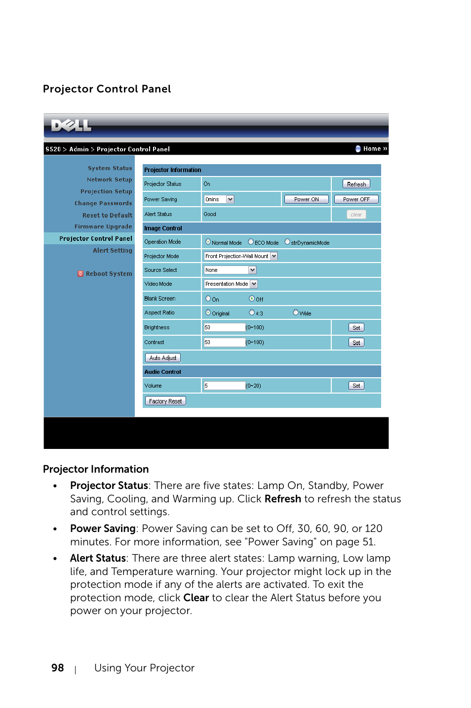 Projector control panel | Dell S520 Projector User Manual | Page 98 / 130