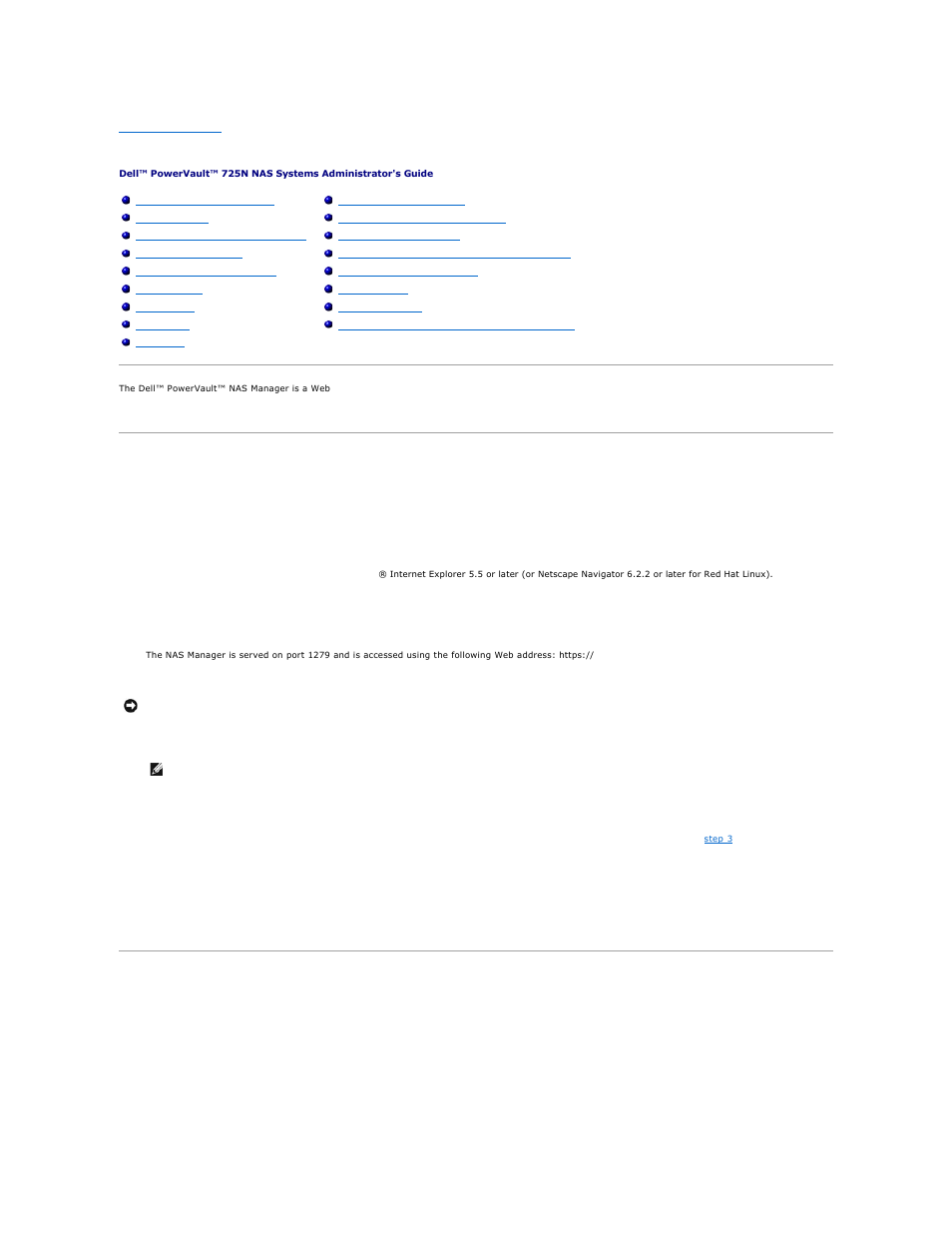 Nas manager, Logging in to the nas manager, Basic navigation | Default administrator user name and password, Status area | Dell PowerVault 725N (Rackmount NAS Appliance) User Manual | Page 5 / 172