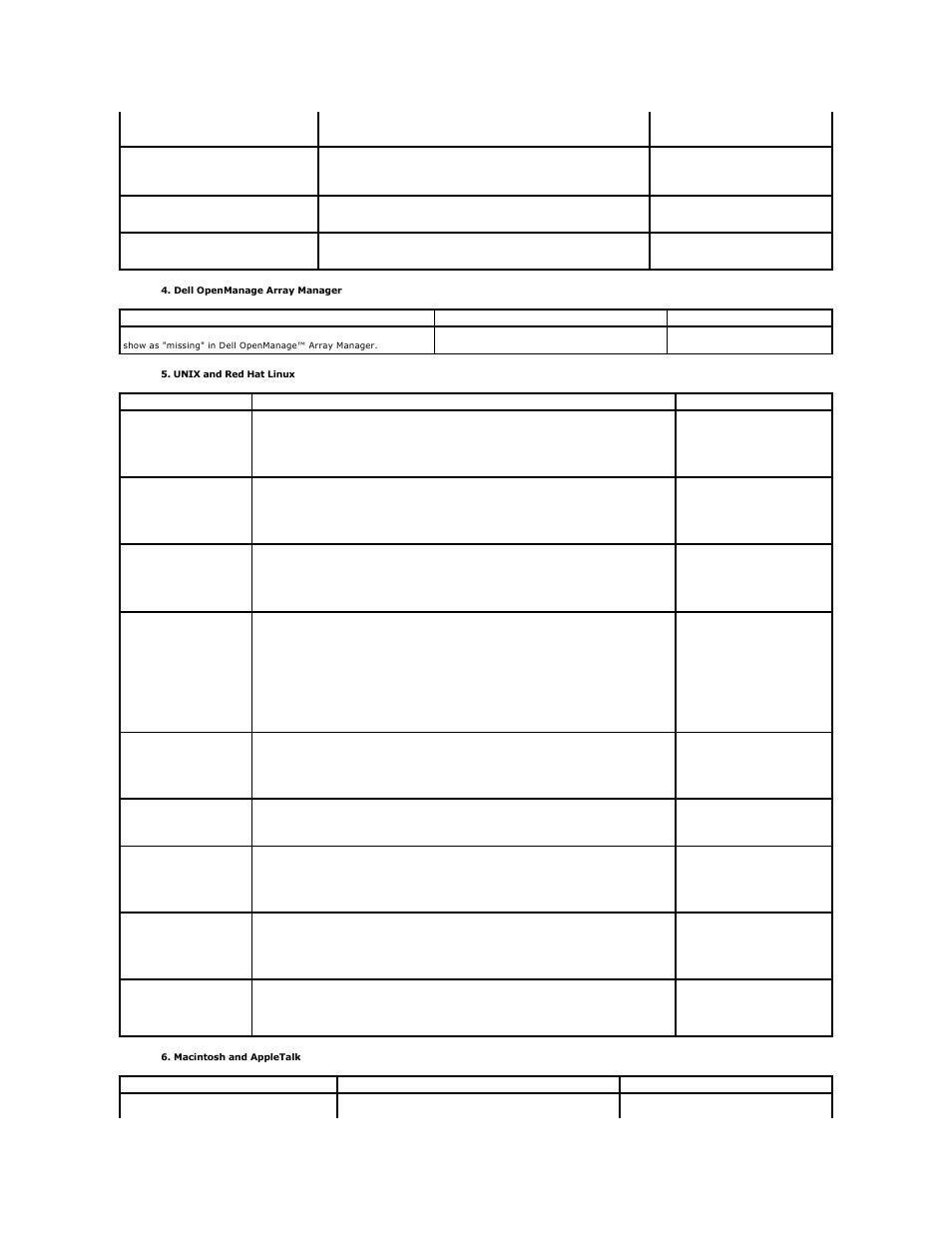 Table 8, Dell openmanage array manager, Unix and red hat linux | Macintosh and appletalk | Dell PowerVault 725N (Rackmount NAS Appliance) User Manual | Page 69 / 172