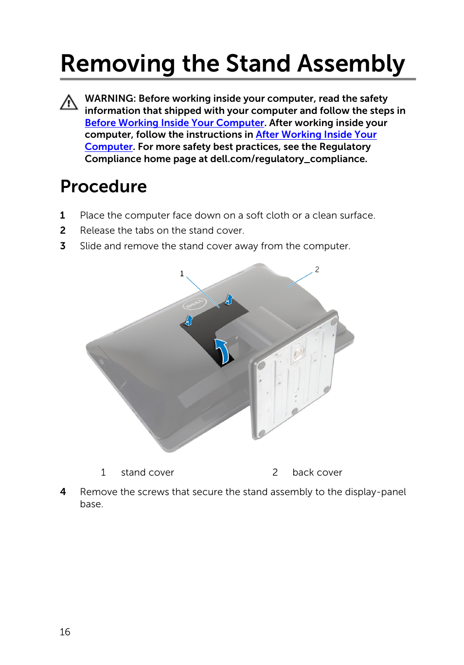 Removing the stand assembly, Procedure | Dell Inspiron 20 (3048, Early 2014) User Manual | Page 16 / 85