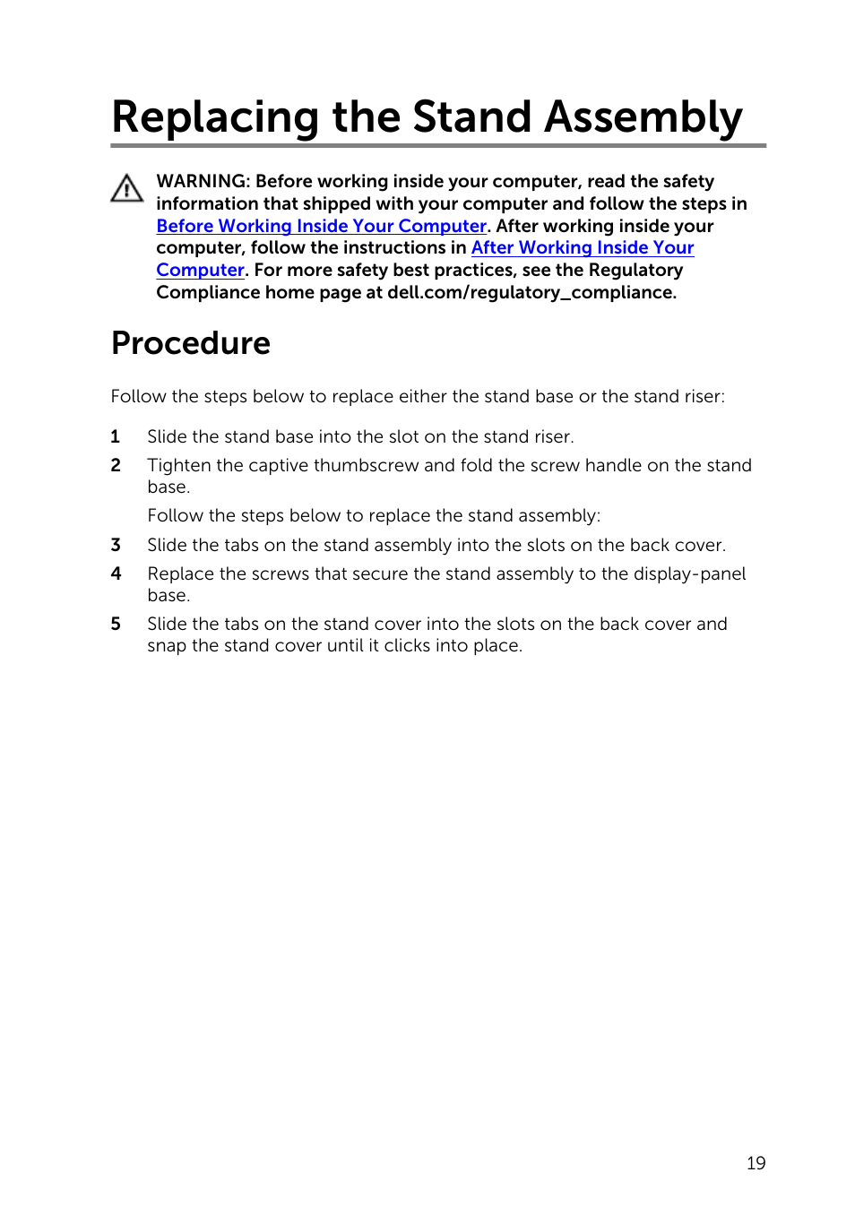 Replacing the stand assembly, Procedure | Dell Inspiron 20 (3048, Early 2014) User Manual | Page 19 / 85