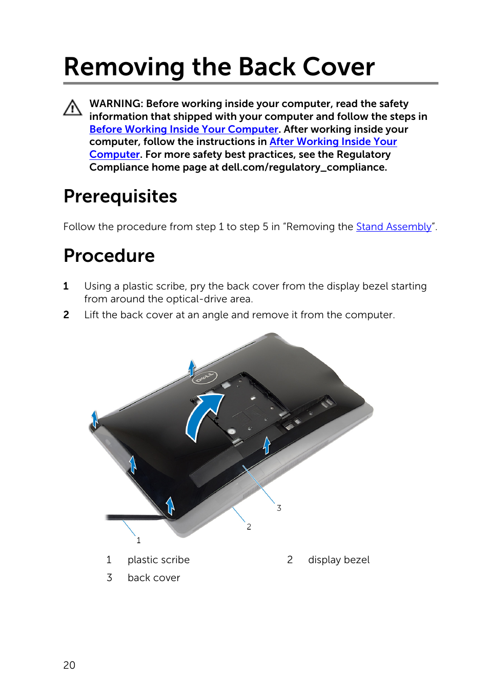 Removing the back cover, Prerequisites, Procedure | Dell Inspiron 20 (3048, Early 2014) User Manual | Page 20 / 85