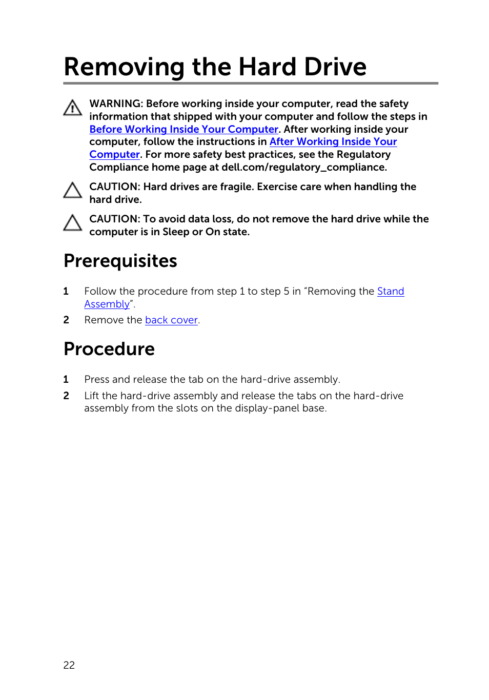 Removing the hard drive, Prerequisites, Procedure | Dell Inspiron 20 (3048, Early 2014) User Manual | Page 22 / 85