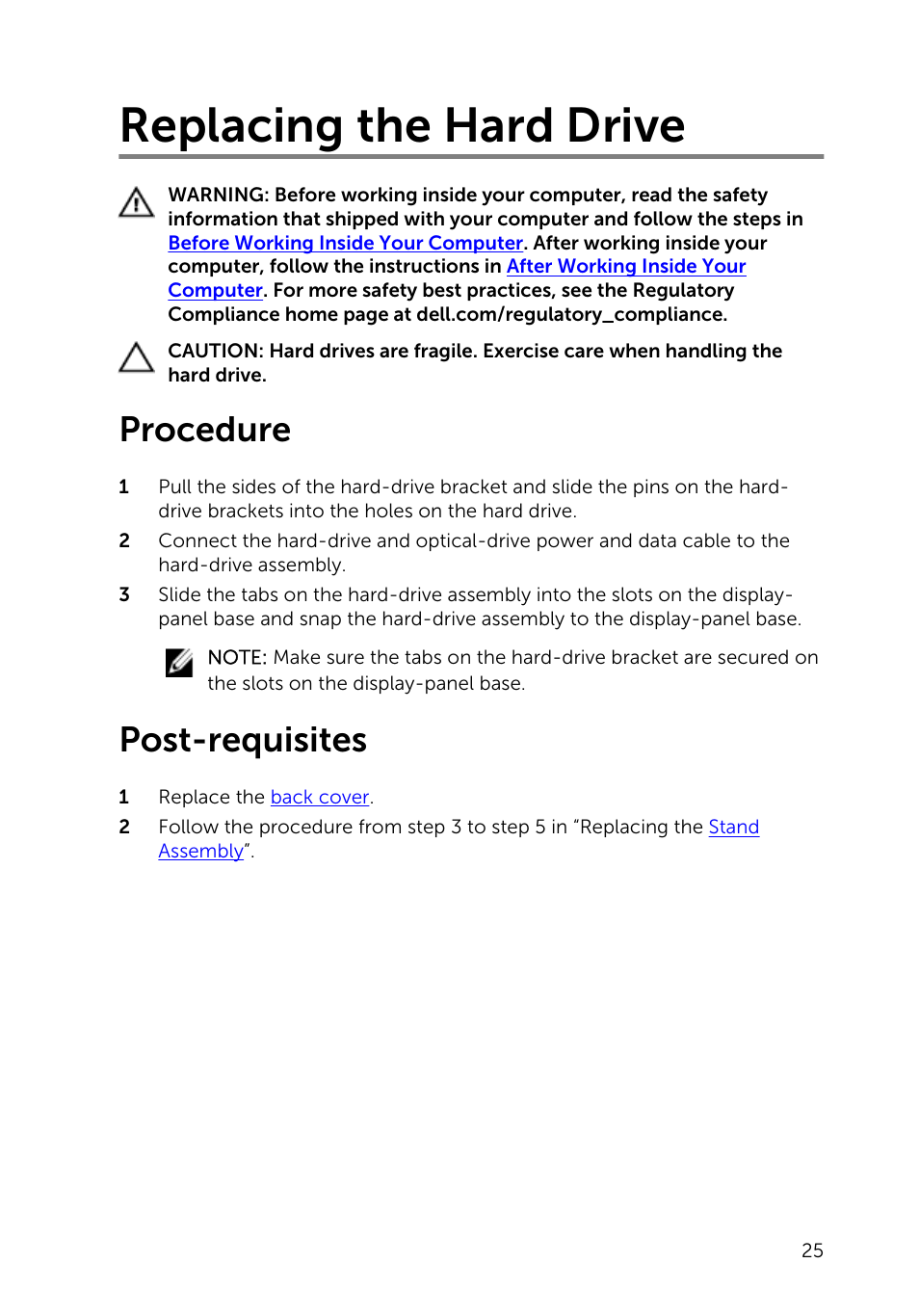 Replacing the hard drive, Procedure, Post-requisites | Dell Inspiron 20 (3048, Early 2014) User Manual | Page 25 / 85