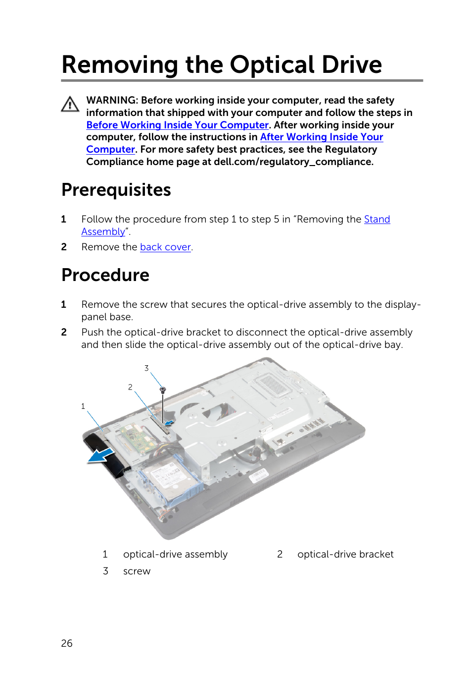 Removing the optical drive, Prerequisites, Procedure | Dell Inspiron 20 (3048, Early 2014) User Manual | Page 26 / 85