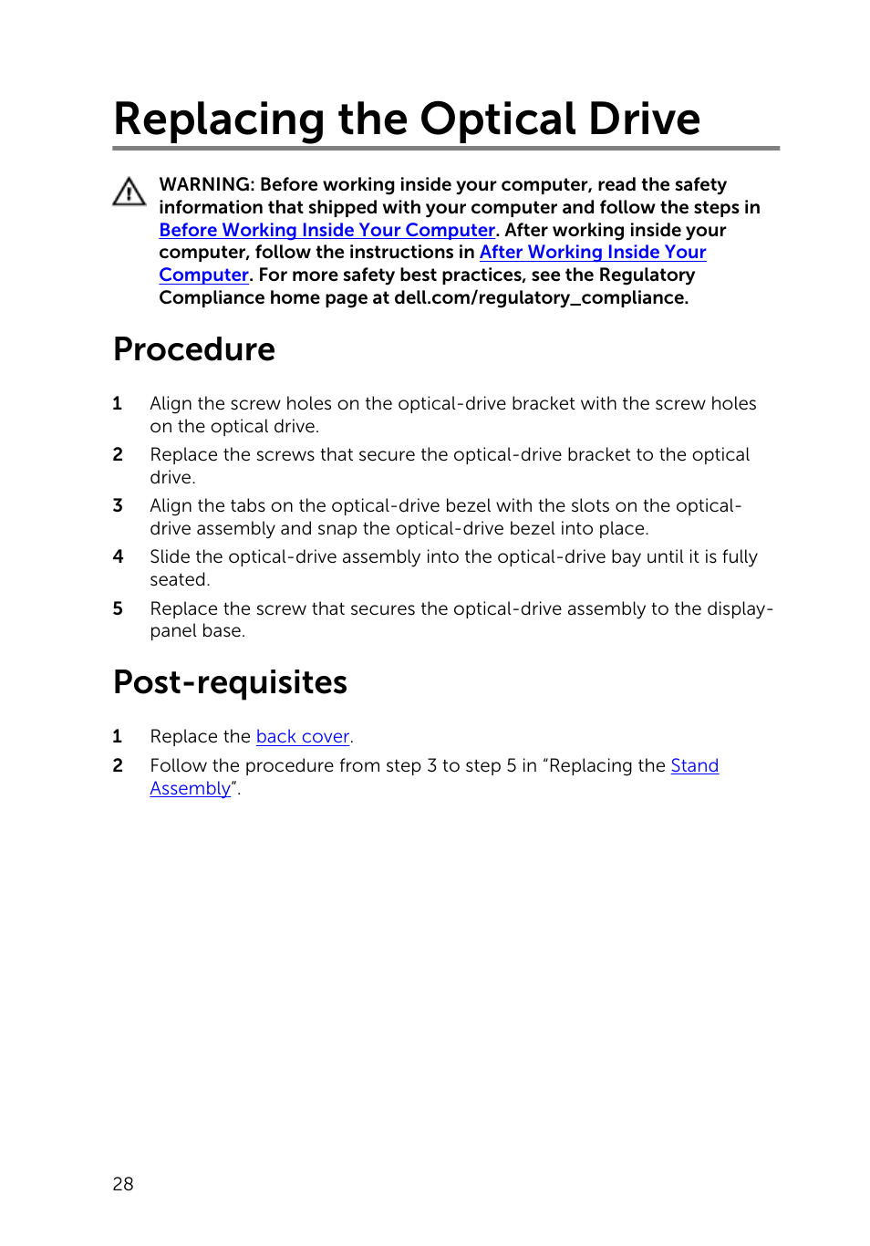 Replacing the optical drive, Procedure, Post-requisites | Dell Inspiron 20 (3048, Early 2014) User Manual | Page 28 / 85