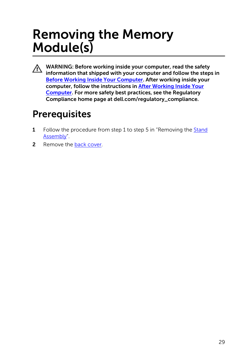 Removing the memory module(s), Prerequisites | Dell Inspiron 20 (3048, Early 2014) User Manual | Page 29 / 85