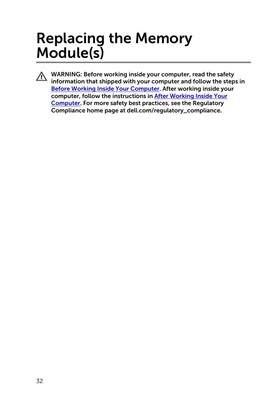 Replacing the memory module(s) | Dell Inspiron 20 (3048, Early 2014) User Manual | Page 32 / 85