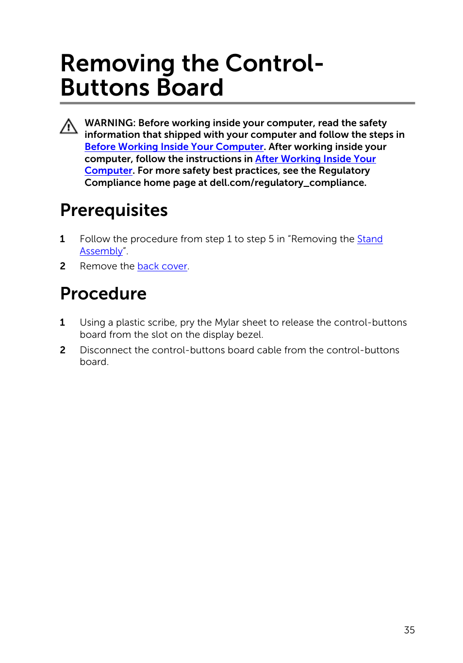 Removing the control-buttons board, Prerequisites, Procedure | Removing the control- buttons board | Dell Inspiron 20 (3048, Early 2014) User Manual | Page 35 / 85