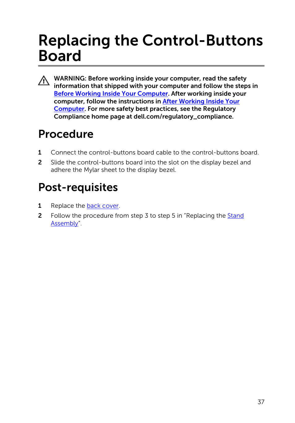 Replacing the control-buttons board, Procedure, Post-requisites | Dell Inspiron 20 (3048, Early 2014) User Manual | Page 37 / 85