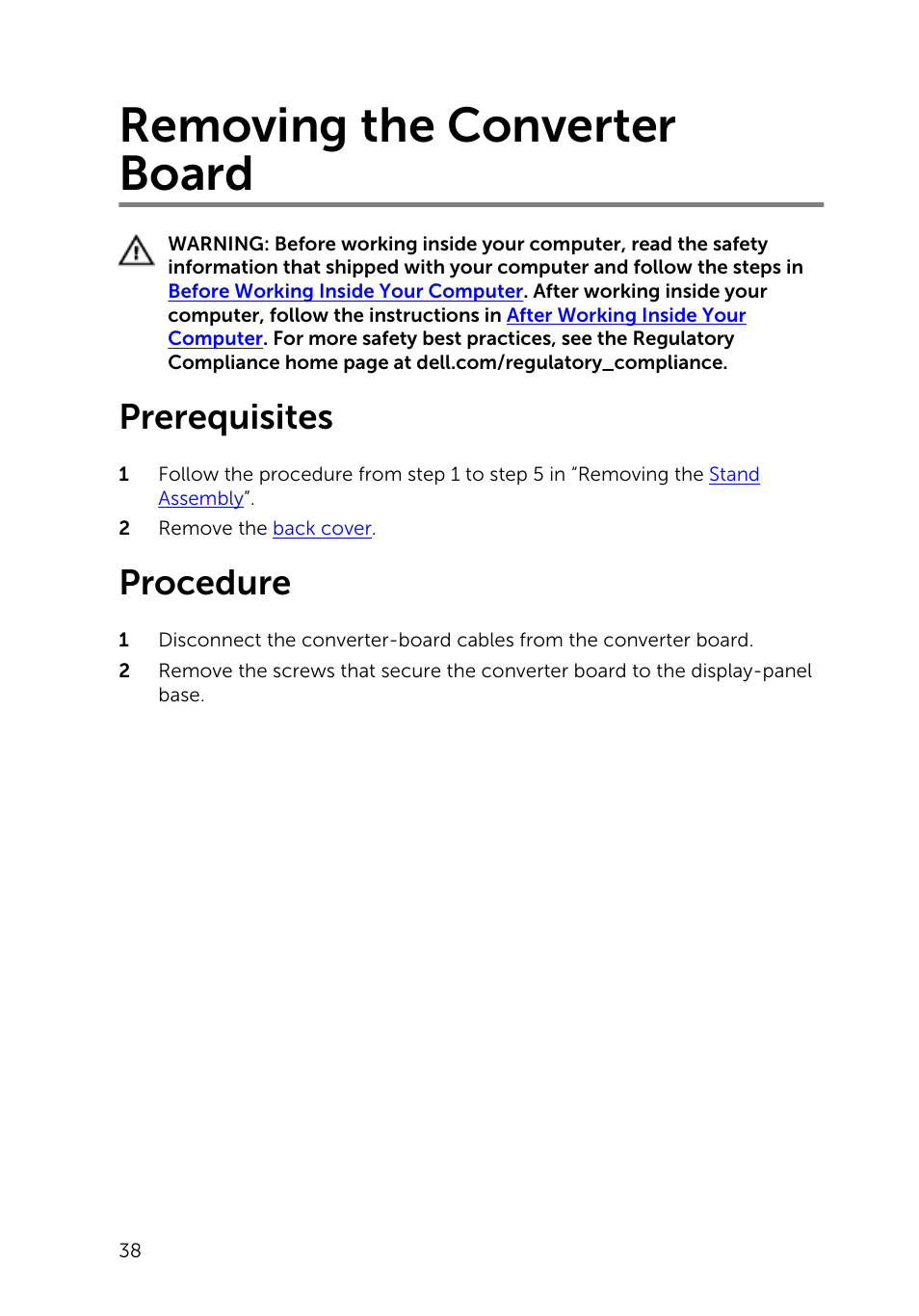 Removing the converter board, Prerequisites, Procedure | Dell Inspiron 20 (3048, Early 2014) User Manual | Page 38 / 85