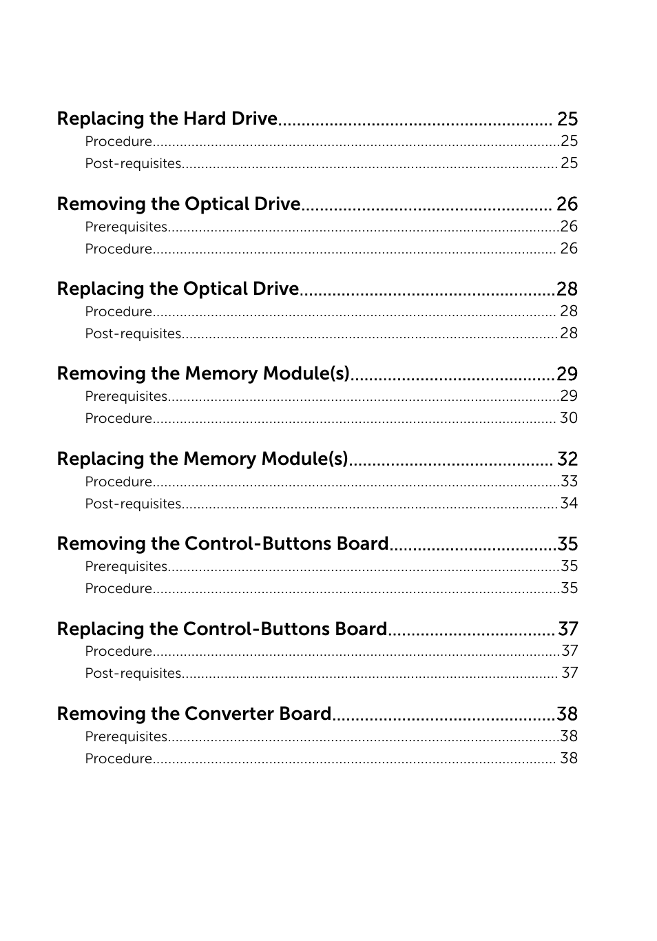 Replacing the hard drive, Removing the optical drive, Replacing the optical drive | Removing the control-buttons board, Replacing the control-buttons board, Removing the converter board | Dell Inspiron 20 (3048, Early 2014) User Manual | Page 4 / 85