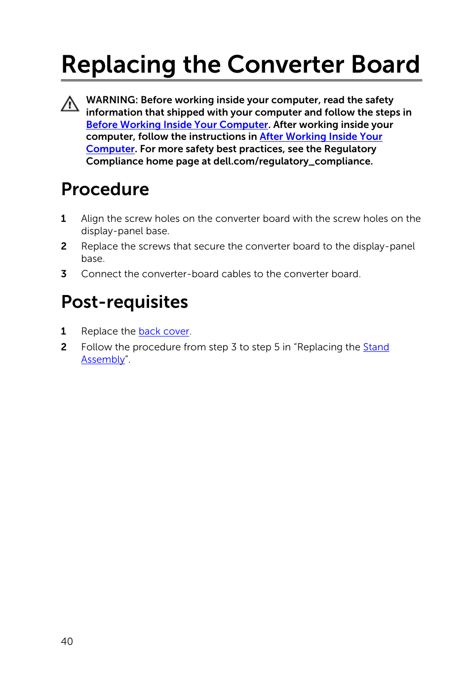 Replacing the converter board, Procedure, Post-requisites | Dell Inspiron 20 (3048, Early 2014) User Manual | Page 40 / 85