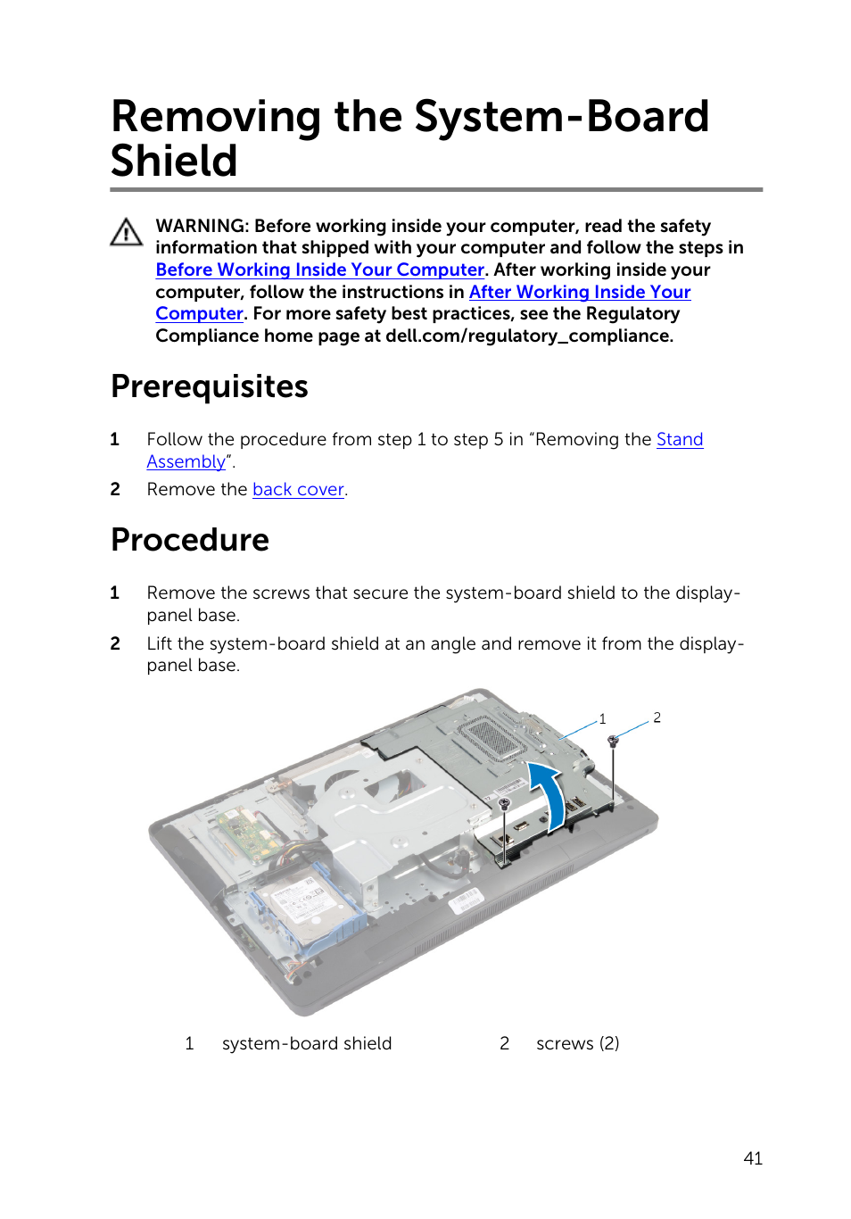 Removing the system-board shield, Prerequisites, Procedure | Dell Inspiron 20 (3048, Early 2014) User Manual | Page 41 / 85