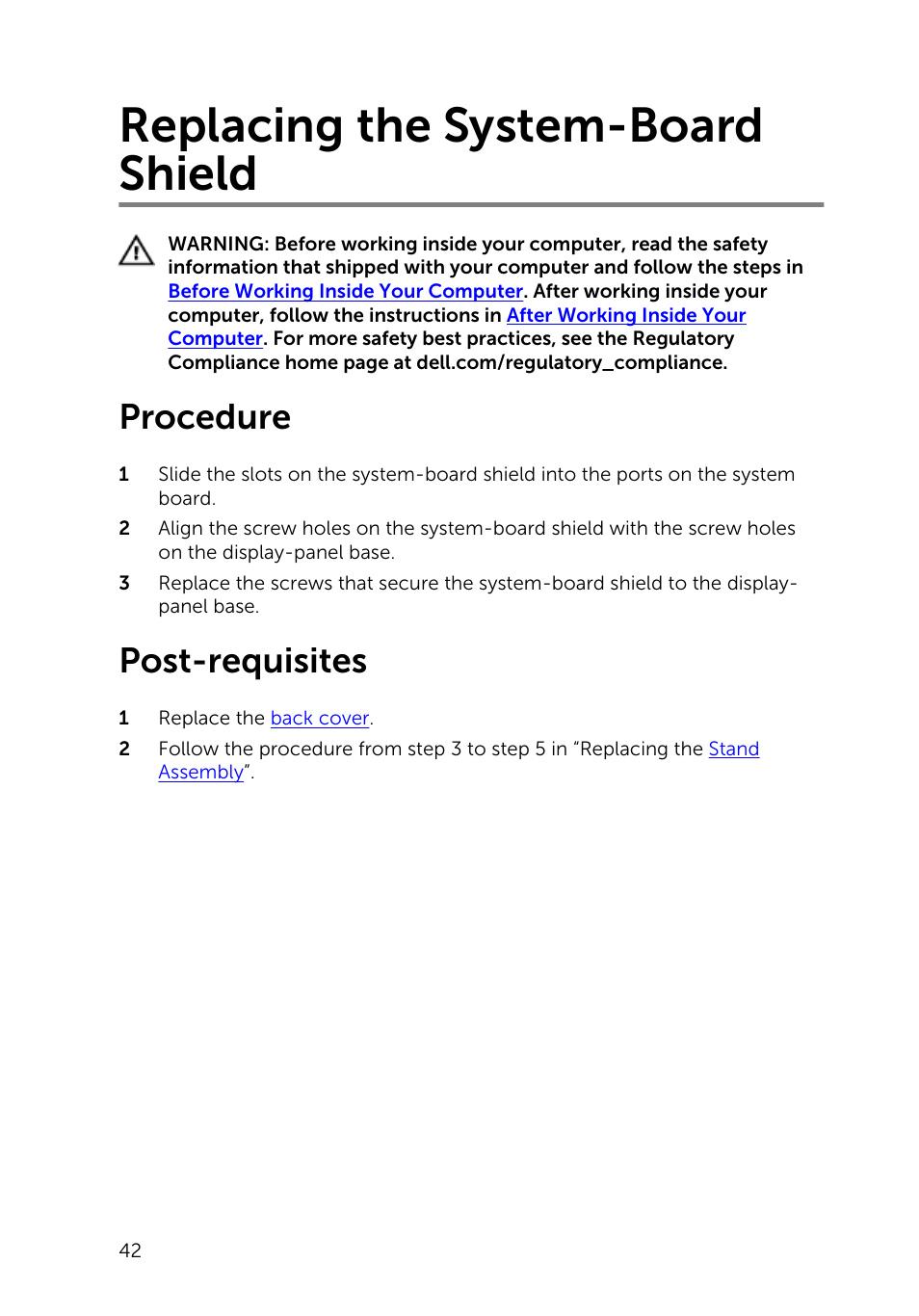 Replacing the system-board shield, Procedure, Post-requisites | Dell Inspiron 20 (3048, Early 2014) User Manual | Page 42 / 85