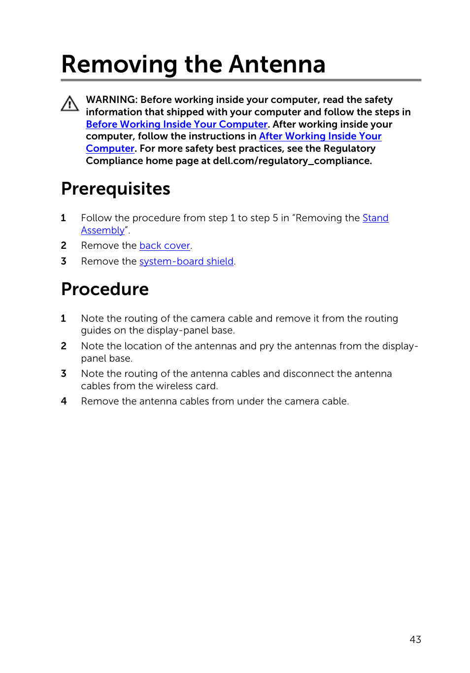 Removing the antenna, Prerequisites, Procedure | Dell Inspiron 20 (3048, Early 2014) User Manual | Page 43 / 85