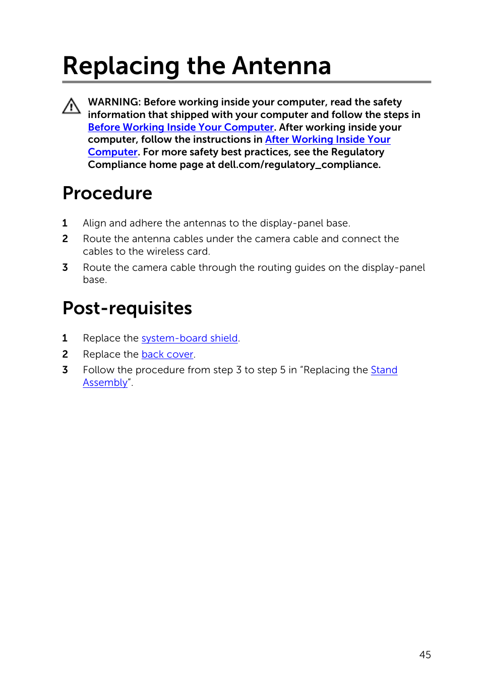Replacing the antenna, Procedure, Post-requisites | Dell Inspiron 20 (3048, Early 2014) User Manual | Page 45 / 85