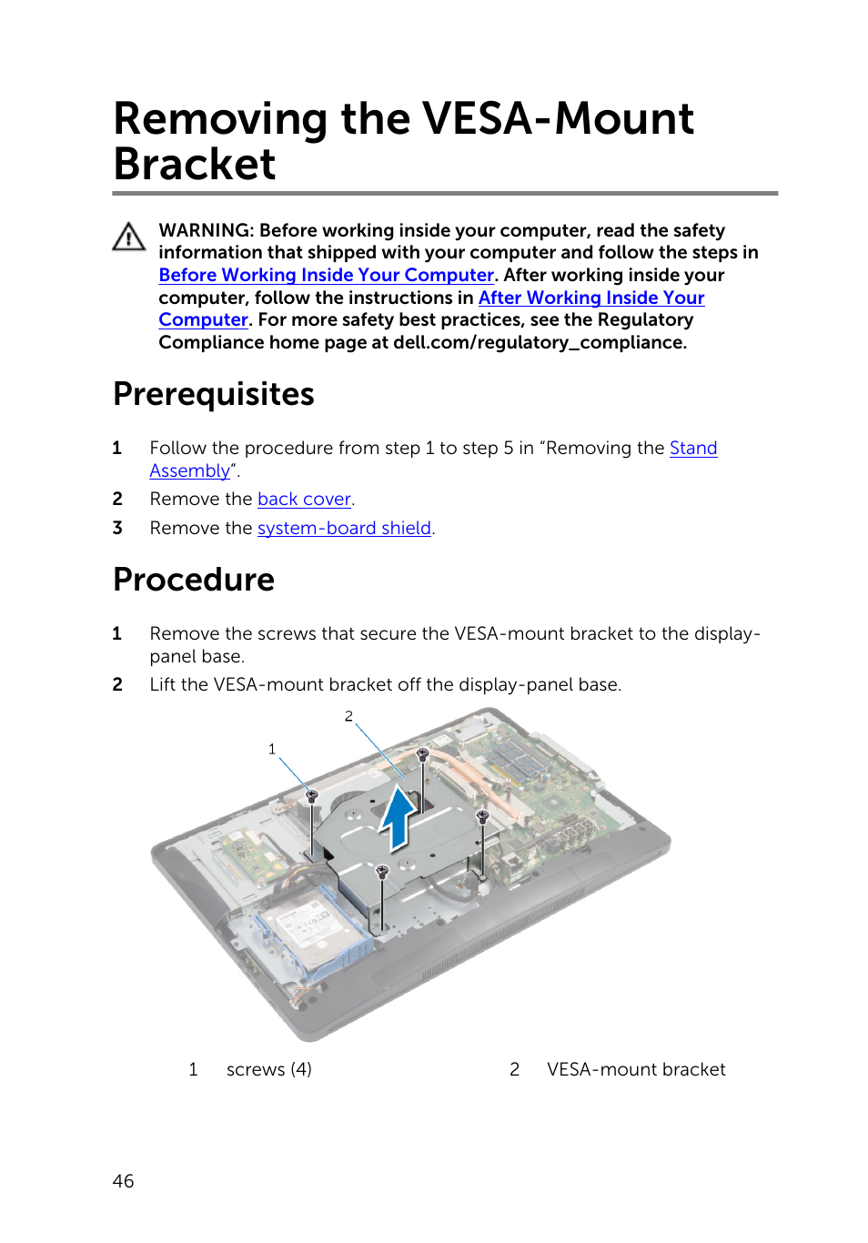 Removing the vesa-mount bracket, Prerequisites, Procedure | Dell Inspiron 20 (3048, Early 2014) User Manual | Page 46 / 85